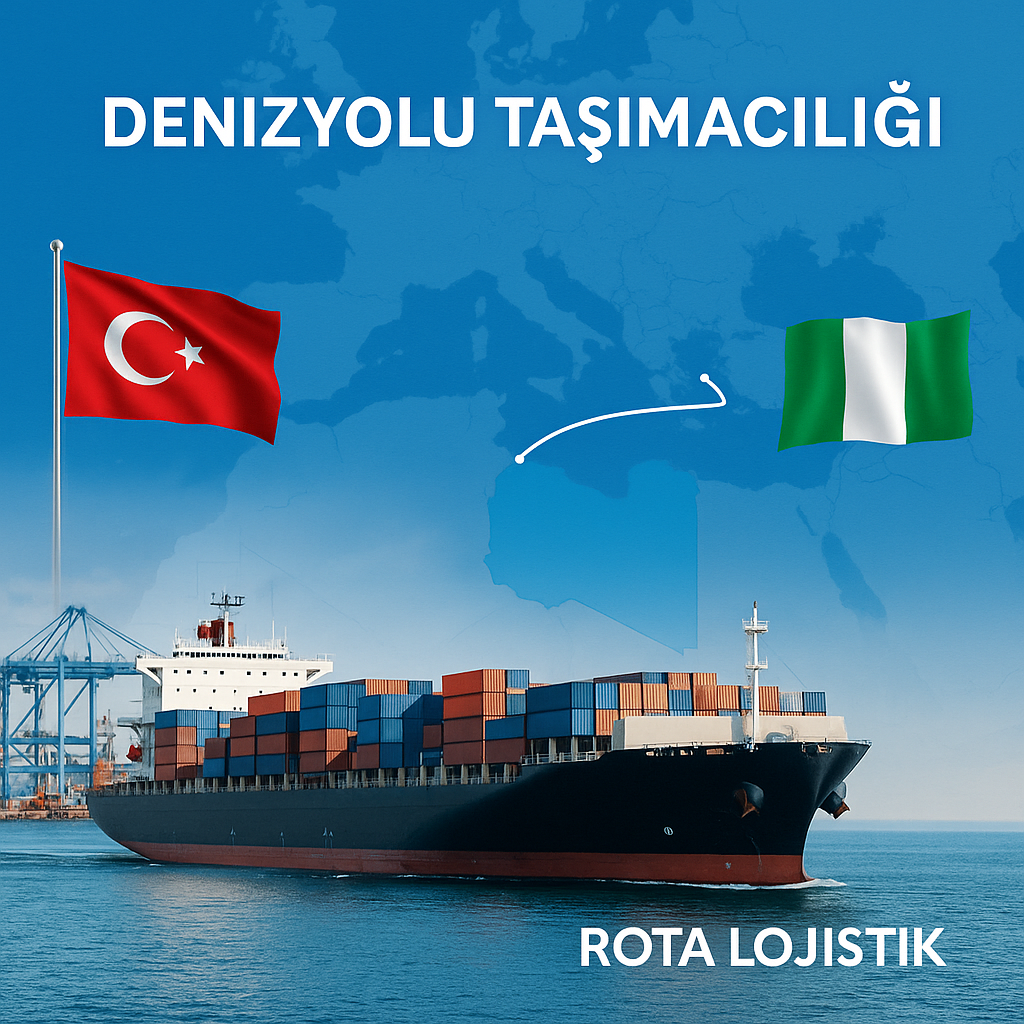 “Denizyolu Taşımacılığı – Türkiye’den Nijerya’ya konteyner gemisi rotası, liman vinçleri ve bayraklarla Rota Lojistik
