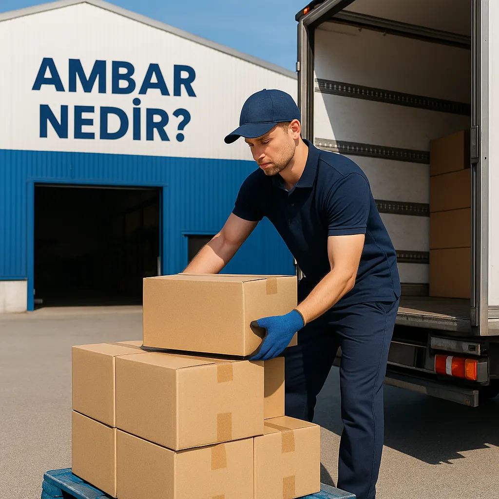 Ambar nedir sorusuna yanıt veren lojistik görseli. Parsiyel yüklerin depoda düzenlenmesi, paletlere yerleştirilmesi, streç film ve çemberle sabitlenmesi ile kamyonete yüklenmesi süreci anlatılıyor. Şehirler arası ambar taşımacılığında kullanılan depo–şube ağı ve yük güvenliği görselle açıklanıyor.”