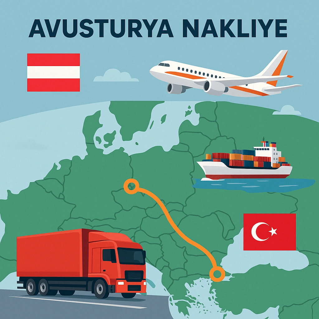 Türkiye’den Avusturya’ya tır, gemi ve hava yolu taşımacılığını gösteren Avrupa haritalı nakliye görseli – Rota Lojistik