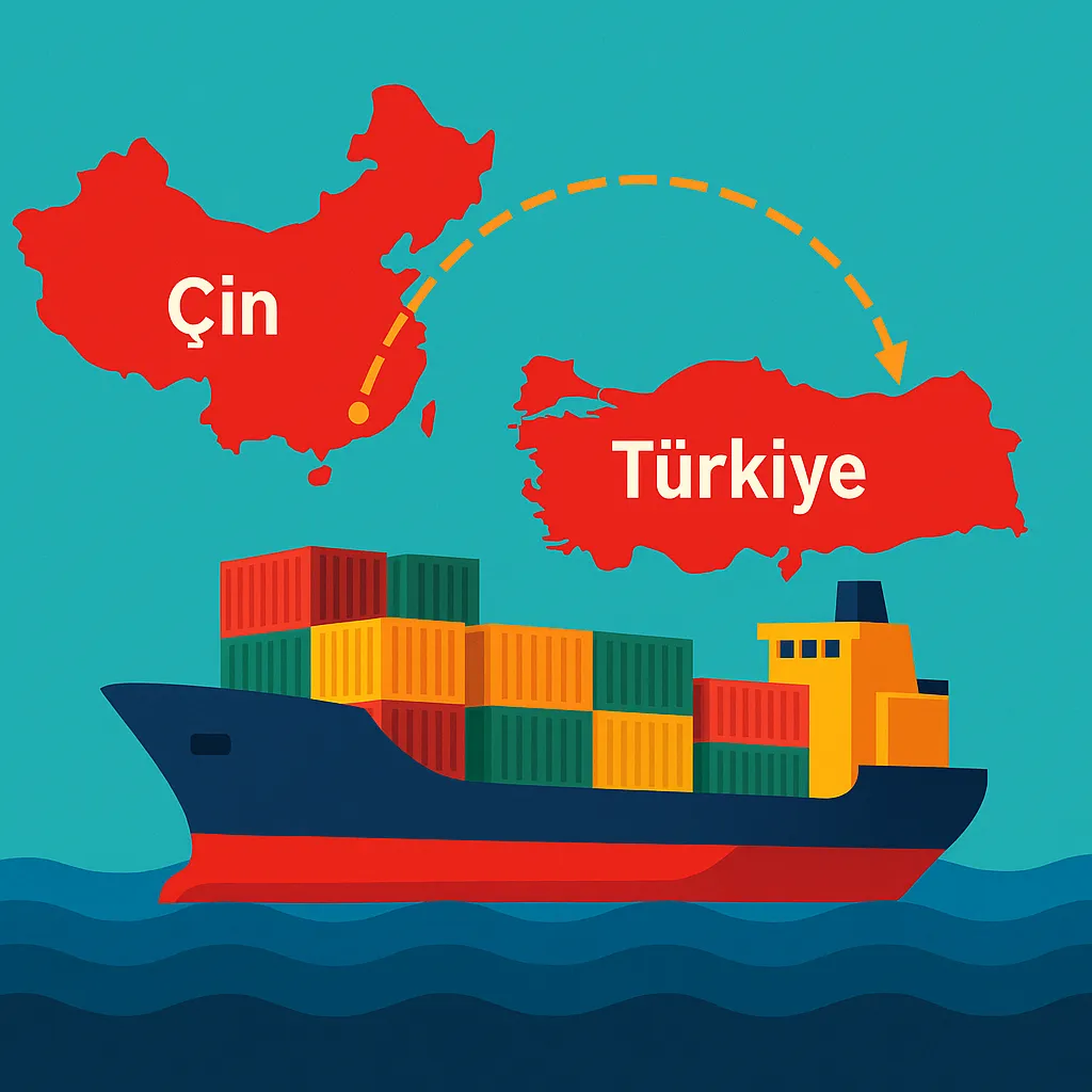 Çin’den Türkiye’ye kargo: harita üzerinde konteyner gemisi ve rota gösterimi (denizyolu taşımacılığı, 2025)