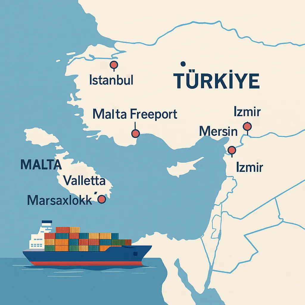 Türkiye ve Malta limanları haritası, konteyner gemisi ile lojistik illüstrasyon