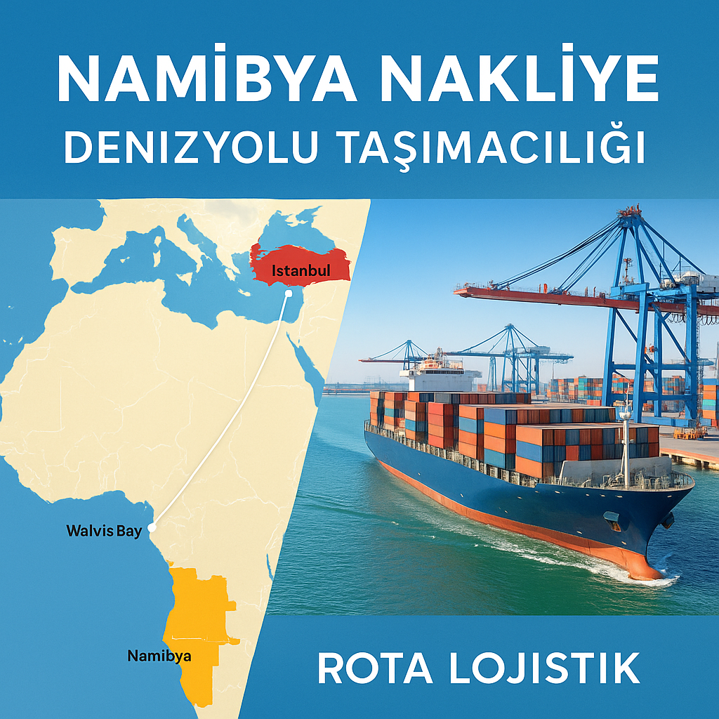 Namibya Nakliye – Denizyolu Taşımacılığı: İstanbul’dan Walvis Bay’e uzanan rota haritası, konteyner gemisi, liman vinçleri ve Rota Lojistik kurumsal tasarımıyla profesyonel denizyolu taşımacılığı görseli