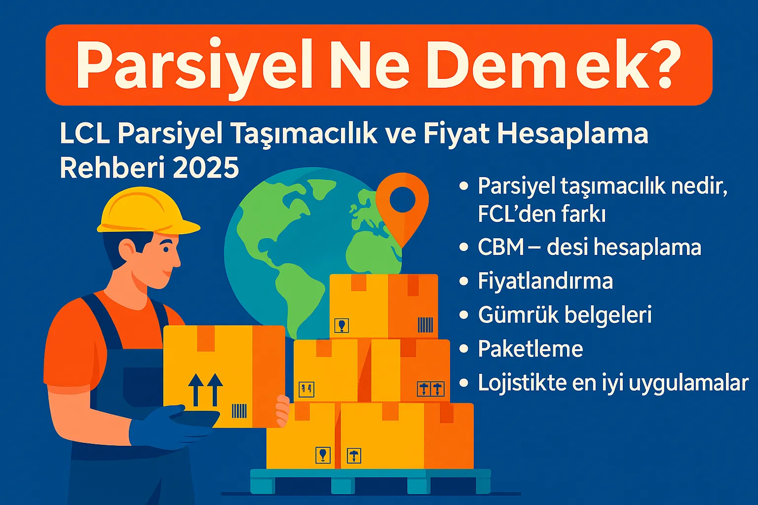 Parsiyel ne demek sorusuna yanıt veren infografik. Denizyolu, karayolu ve havayolunda parsiyel taşımacılık, CBM–desi hesaplama ve lojistik süreçleri gösteren görsel