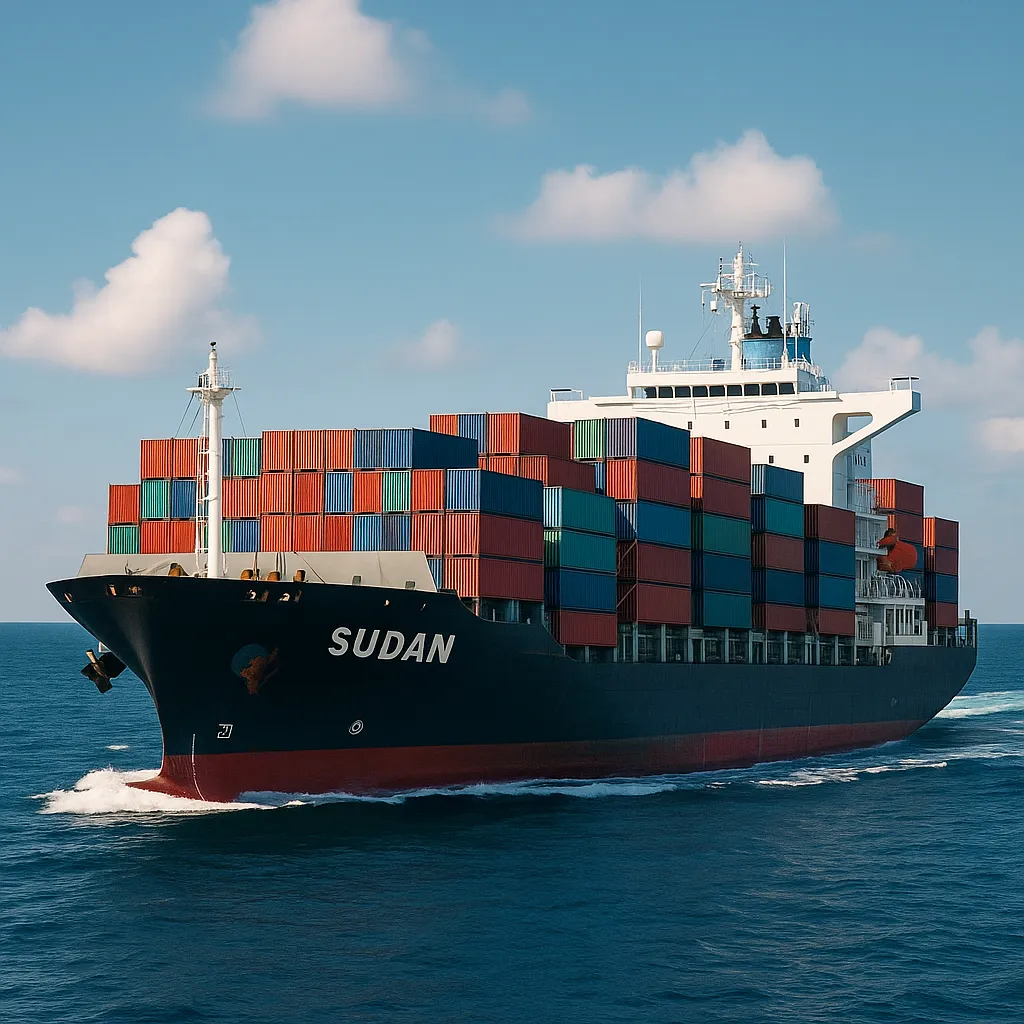 Port Sudan Limanı’nda konteyner gemisi, Rota Lojistik Sudan nakliye hizmetleri, denizyolu taşımacılığı ve ihracat yükleme operasyonu görseli.