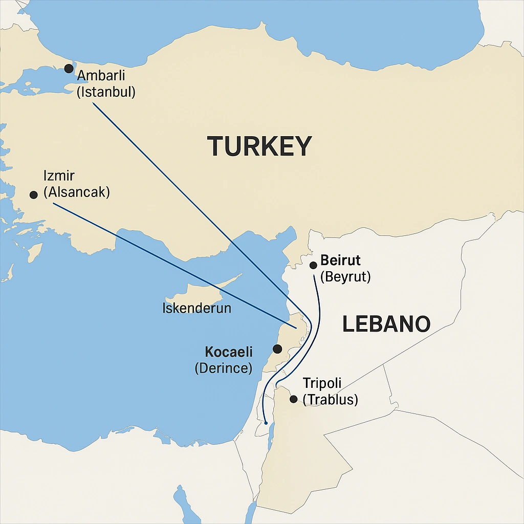 Türkiye’den Lübnan’a denizyolu taşımacılığı – Ambarlı, Mersin, İzmir, Kocaeli, İskenderun çıkışlı konteyner gemi rotası; varış: Beyrut ve Trablus limanları.
